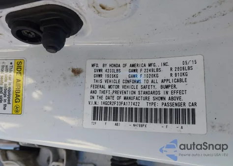 2015 Honda Accord Lx z USA, uszkodzony, nr VIN 1HGCR2F33FA177422